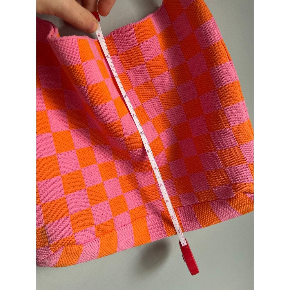 Kopari Knit Mini Tote Pink Orange 11" tall x 13.5" wide Retro Funky Checkered - Picture 5 of 7